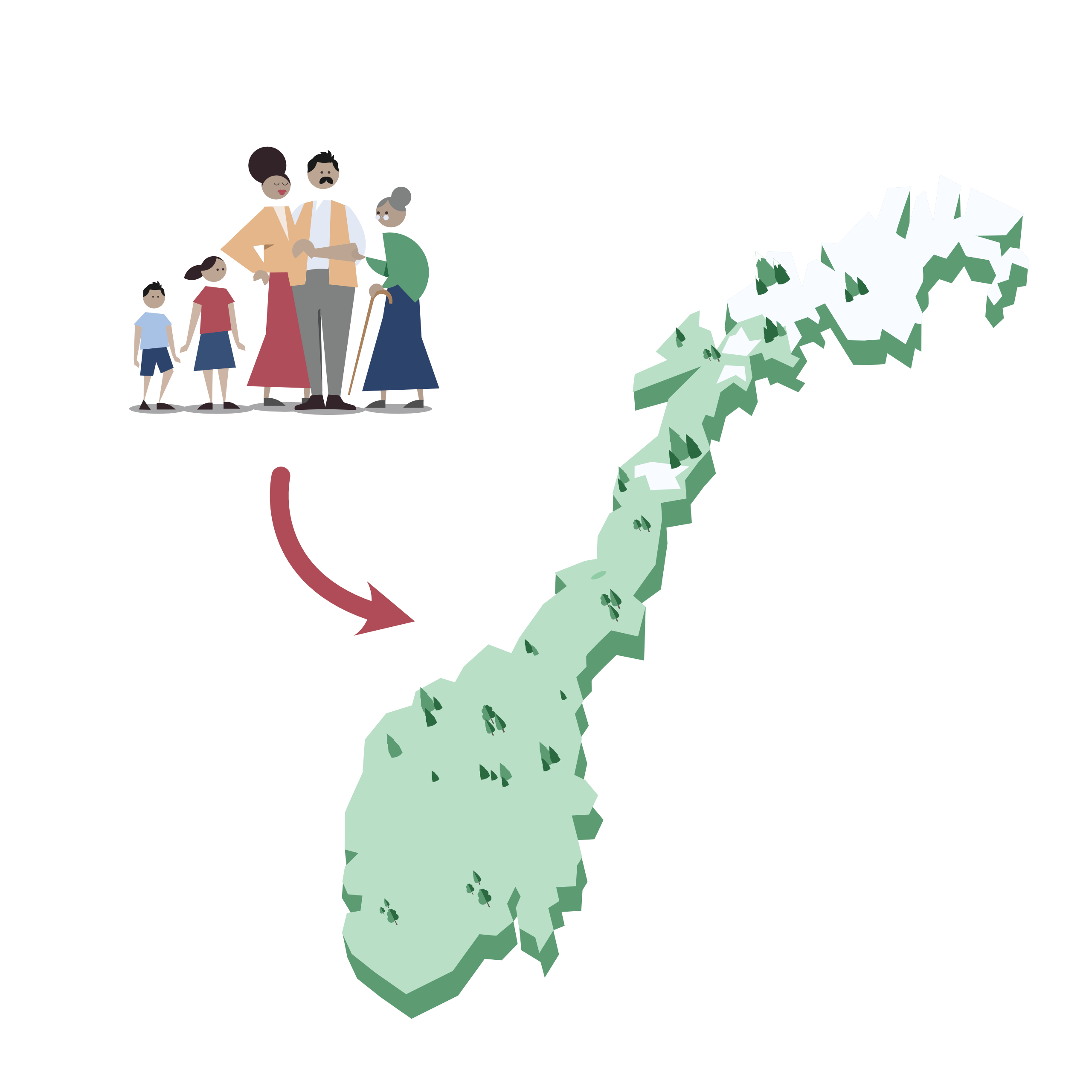 Illustrasjon av et Norges-kart og en familie. 